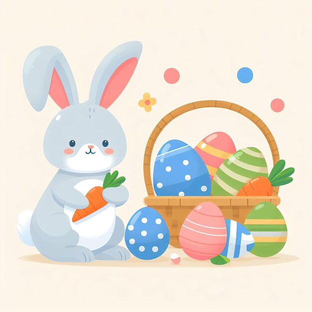 Photo symbole d'illustration plat vacances de pâques lapin mignon avec des œufs peints de couleur sur fond de couleur