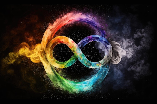 Symbole infini de l'éternité dans les couleurs de l'arc-en-ciel 8 fond multicolore fumée