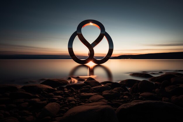 Photo un symbole de l'infini se reflète dans l'eau au coucher du soleil.