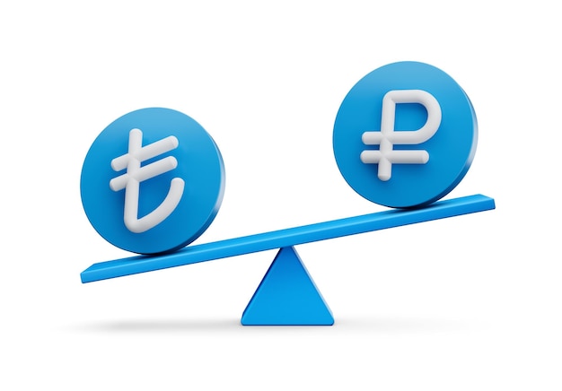 Symbole de la lire et du rouble blancs 3d sur des icônes bleues arrondies avec une balance 3d et une balançoire 3d.