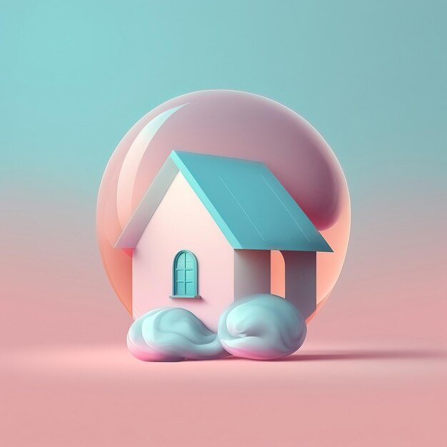 Symbole de maison ultra doux drôle isolé sur fond rose Couleurs pastel Affiche et bannière colorées Illustration 3D de style air minimal de dessin animé