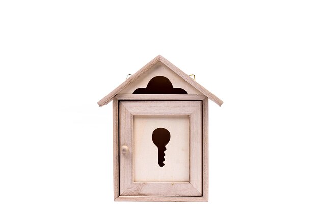 Symbole de maisons avec clé en métal sur fond blanc Concept d'assurance immobilière hypothèque acheter vendre concept d'agent immobilier maison petites voitures arbres gouvernante