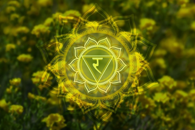 Symbole Manipura ou chakra du plexus solaire sur fond de champ de fleurs jaunes