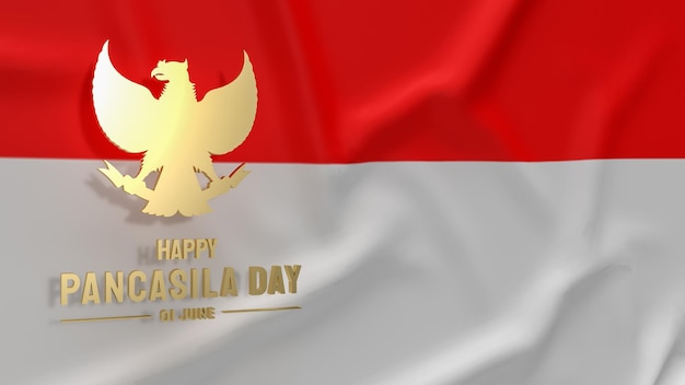 Le symbole d'or Garuda sur le drapeau indonésien pour le rendu 3d du jour pancasilaxA