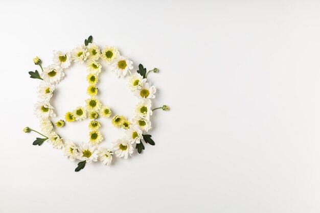 Symbole de paix fait de fleurs blanches sur fond clair