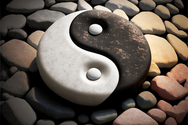 Le symbole en pierre du yinyang se situe entre trois pierres