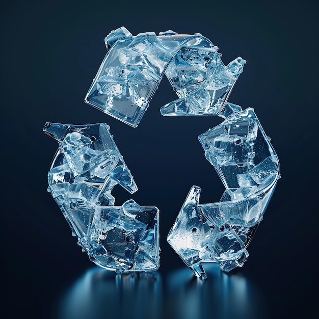 Symbole de recyclage cassé fait de glace sur fond bleu