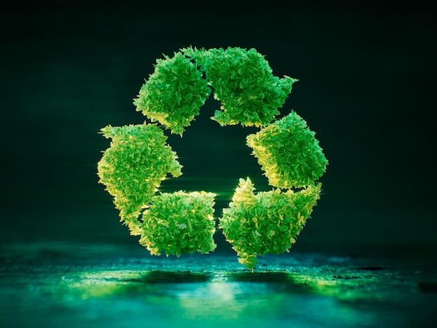Photo un symbole de recyclage composé de feuilles translucides vertes luxuriantes éclairées contre un fond bleu foncé concept de gestion durable des déchets et de respect de l'environnement rendu en 3d