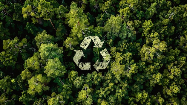 Symbole de recyclage dans une forêt luxuriante symbolisant la durabilité vue de haut