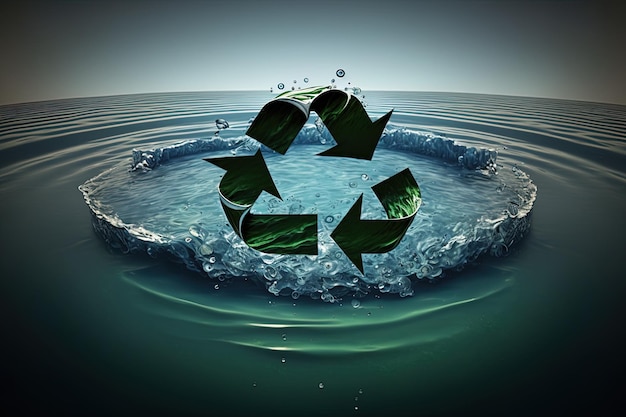 Symbole de recyclage dans l'océan IA générative Concept d'énergie verte plus de déchets et de plastique dans la mer Sauvez l'océan des ordures Protégez les océans et les mers Eco power