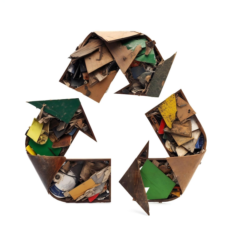 Photo symbole de recyclage fabriqué à partir de déchets isolés sur un fond blanc
