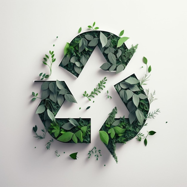 Un symbole de recyclage avec des feuilles vertes et des plantes.