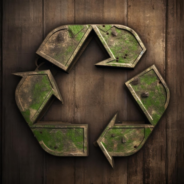 Photo symbole de recyclage de métal peint sur le fond en bois interaction écologique et priorité de recyclage des déchets concept de développement durable environnemental rendu 3d maquette