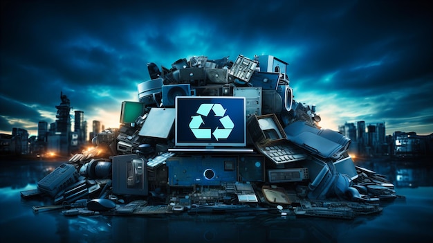 Un symbole de recyclage numérique avec divers déchets technologiques se transformant en nouveaux appareils