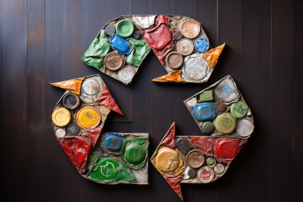 Photo symbole de recyclage respectueux de l'environnement avec des boîtes pressées en aluminium sur un fond plat