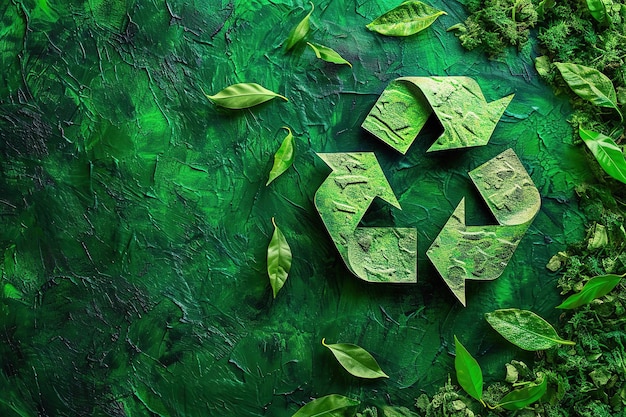 Symbole de recyclage vert entouré de feuilles fraîches