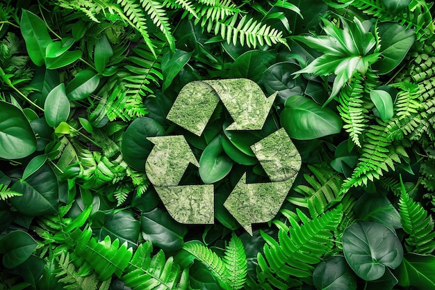Symbole de recyclage vert entouré de feuilles fraîches