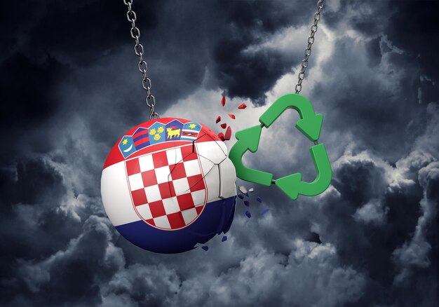 Symbole de recyclage vert s'écraser sur un rendu de balle drapeau croatie d