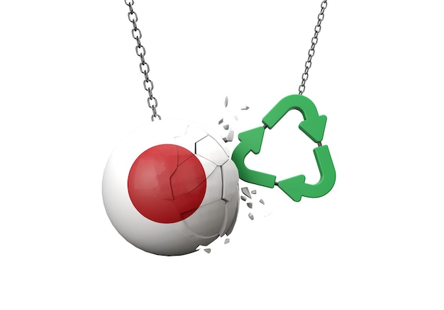 Symbole de recyclage vert s'écraser sur un rendu de balle drapeau japon d