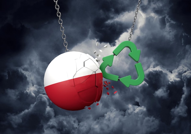 Symbole de recyclage vert s'écraser sur un rendu de ballon drapeau pologne d