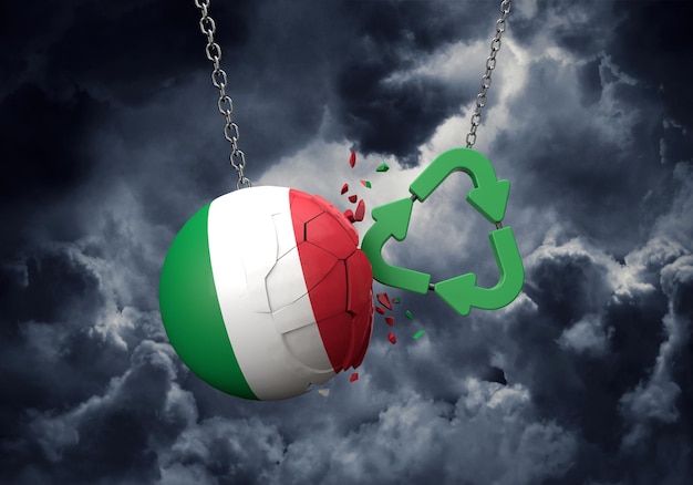 Symbole de recyclage vert s'écraser sur un rendu de boule de drapeau italie