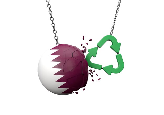 Symbole de recyclage vert s'écraser sur un rendu de boule de drapeau qatar d