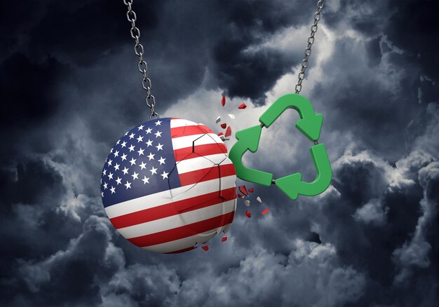 Symbole de recyclage vert s'écraser sur un rendu de boule de drapeau usa d