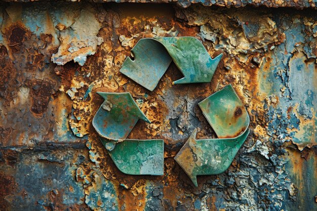 Un symbole de recyclage vert sur une surface métallique rouillée