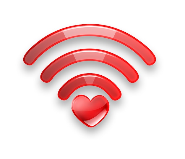 Photo symbole rouge du wi-fi gratuit avec un coeur sur fond blanc