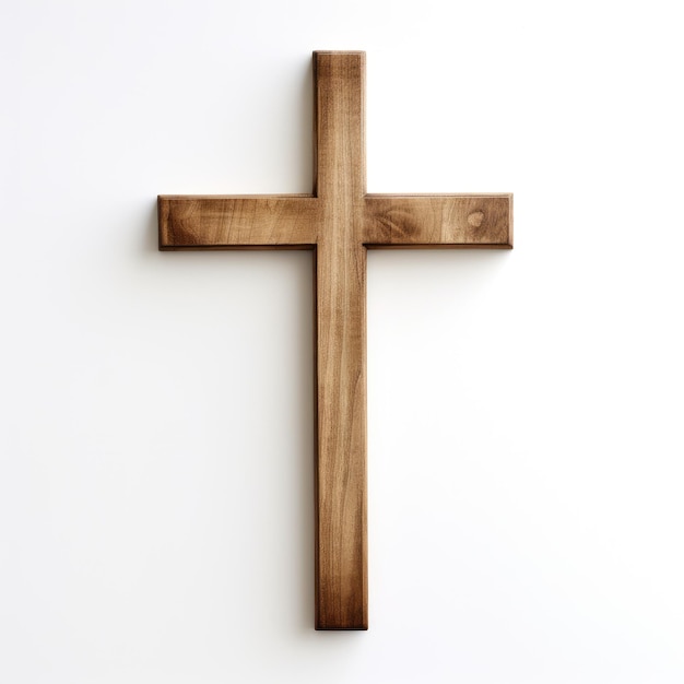 Le symbole sacré Une magnifique croix de bois sur un fond blanc immaculé