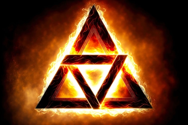 Symbole de la Trinité sous la forme de trois triangles imbriqués brillant dans le feu et les rayons du soleil ai génératif