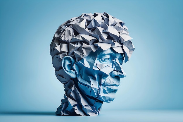 Symbole de trouble du cerveau présenté par une tête humaine faite de papier froissé déchiré sur l'espace de copie bleu Arrière-plan
