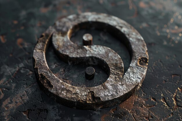 Un symbole yin en métal rouillé sur une surface de pierre