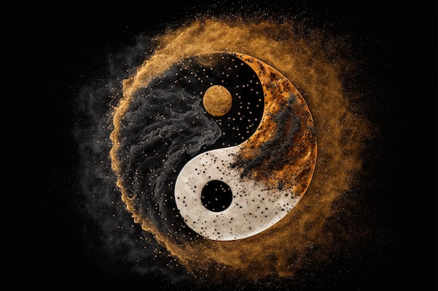 Symbole yin yang doré et noir avec poudre flottante sur fond noir abstraction bouddhisme hindouisme symbole religion équilibre concept IA générative