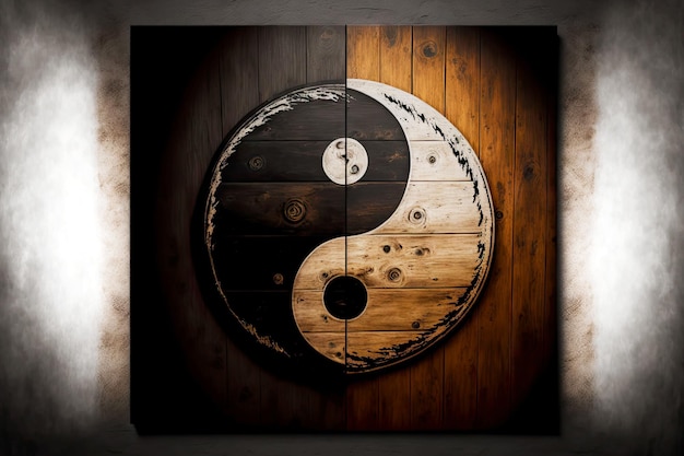 Symbole Yinyang en bois sur planche de bois noir et marron