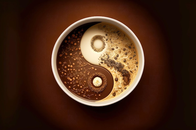 Symbole Yinyang dans une tasse de café sur fond marron