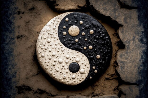 Photo symbole yinyang avec deux points représentés sur un mur de pierre