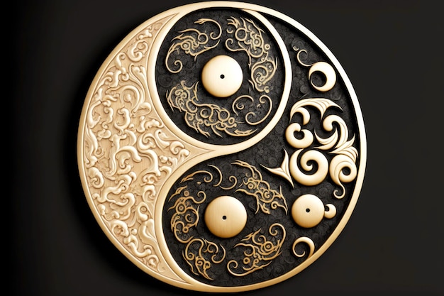 Symbole Yinyang en métal beige et noir avec motif doré