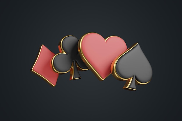 Symboles de cartes d'as sur fond noir Icône de cœur de diamant et de pique de club Illustration de rendu 3D