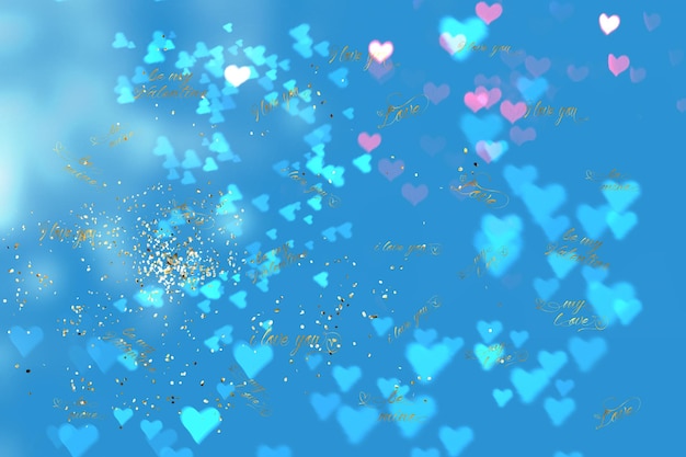 Photo symboles de coeur volant bleu sur fond de vacances flou festif avec espace de copie de confettis d'or