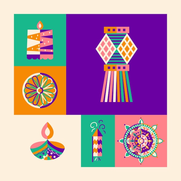 Symboles de couleur plate de Diwali