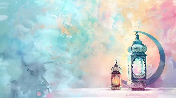 Photo les symboles du calme eid aladha en pastel calligraphie arabe croissant de lune lanterne