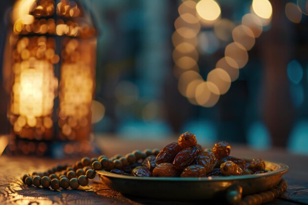 Photo symboles du ramadan tels que des lanternes, des dattes et un chapelet en bois
