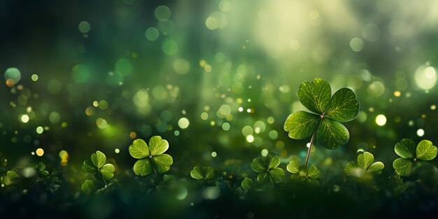 Les symboles de la fête de Saint-Patrick sont le trèfle vert, un arrière-plan magnifique, une vue de haut d'un trèfle à quatre feuilles, une bannière symbolique de la bonne chance, la célébration de Saint Patrick.