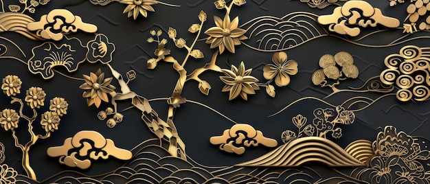 Symboles de fleurs, de feuilles et d'arbres Moderne modèle noir et or