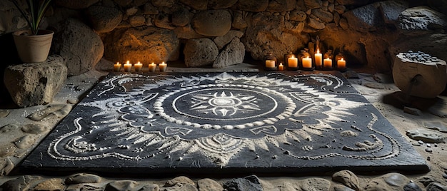 Des symboles voodous dessinés dans de la farine pour une cérémonie. Les lignes complexes s'étendent.