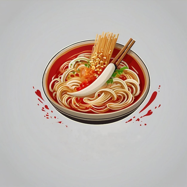 sympa simple icône de style japonais de nouilles ramen dans un bol rouge avec des baguettes adaptées à l'autocollant