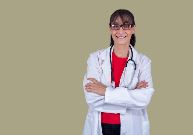 Sympathique femme médecin 4045 ans avec des lunettes les bras croisés regardant droit devant et souriant