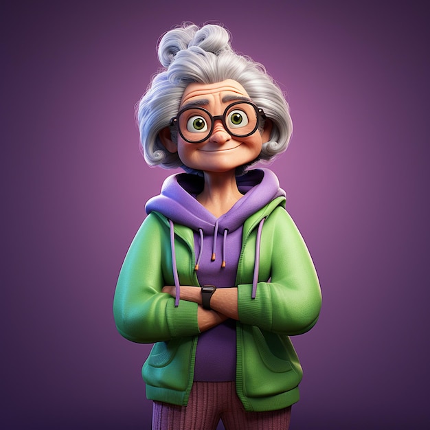 Sympathique vieille femme personnage style pixar violet et vert