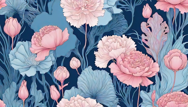 La symphonie aquatique enchanteuse Bleu de Prusse Bleu bébé et Carnation Rose dansent dans une mer rêveuse